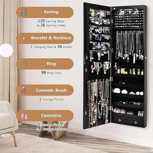 Moccha Wall Door Jewelry Armoire, Full Screen Jewelry Cabinet for Bedroom, Lockable Jewelry Cabinet, Jewelry Organizer Storage with 2 LED Lights and 2 Drawers, Black in Saudi Arabia