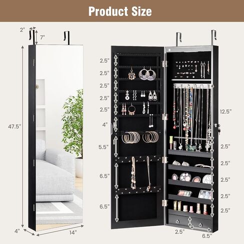 Moccha Wall Door Jewelry Armoire, Full Screen Jewelry Cabinet for Bedroom, Lockable Jewelry Cabinet, Jewelry Organizer Storage with 2 LED Lights and 2 Drawers, Black in Saudi Arabia
