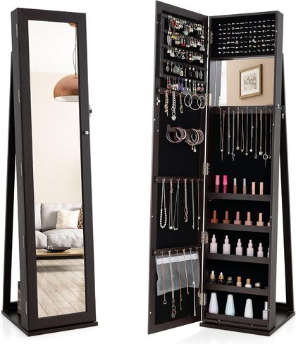 LOKO Lockable Jewelry Cabinet, Large Capacity Makeup Organizer with Full-Length Mirror, Built-in Makeup Mirror, 5 Storage Shelves, Floor Standing Jewelry Armoire for Living Room, Bedroom (Espresso) in Saudi Arabia