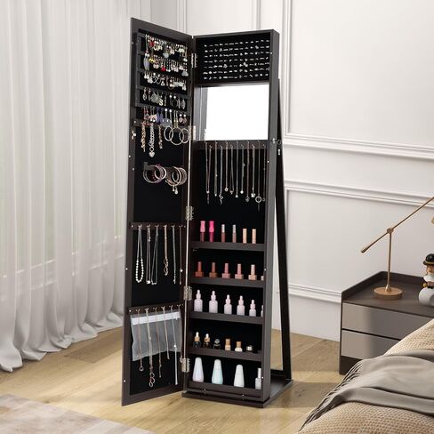 LOKO Lockable Jewelry Cabinet, Large Capacity Makeup Organizer with Full-Length Mirror, Built-in Makeup Mirror, 5 Storage Shelves, Floor Standing Jewelry Armoire for Living Room, Bedroom (Espresso) in Saudi Arabia