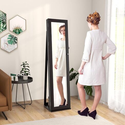 LOKO Lockable Jewelry Cabinet, Large Capacity Makeup Organizer with Full-Length Mirror, Built-in Makeup Mirror, 5 Storage Shelves, Floor Standing Jewelry Armoire for Living Room, Bedroom (Espresso) in Saudi Arabia
