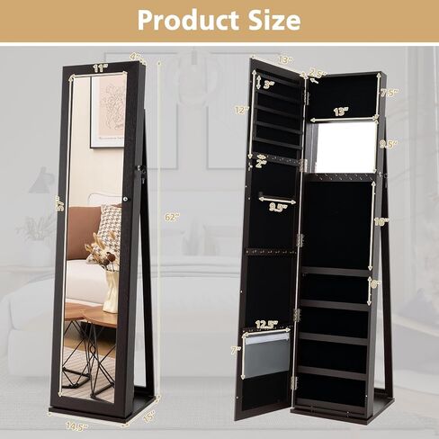 LOKO Lockable Jewelry Cabinet, Large Capacity Makeup Organizer with Full-Length Mirror, Built-in Makeup Mirror, 5 Storage Shelves, Floor Standing Jewelry Armoire for Living Room, Bedroom (Espresso) in Saudi Arabia