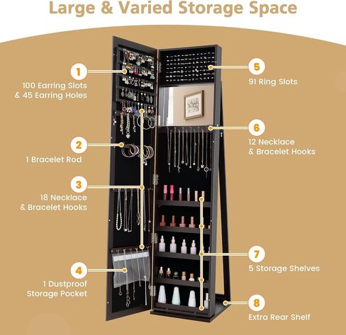 LOKO Lockable Jewelry Cabinet, Large Capacity Makeup Organizer with Full-Length Mirror, Built-in Makeup Mirror, 5 Storage Shelves, Floor Standing Jewelry Armoire for Living Room, Bedroom (Espresso) in Saudi Arabia