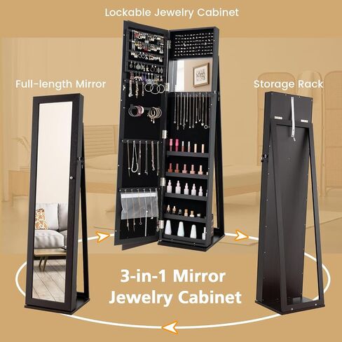 LOKO Lockable Jewelry Cabinet, Large Capacity Makeup Organizer with Full-Length Mirror, Built-in Makeup Mirror, 5 Storage Shelves, Floor Standing Jewelry Armoire for Living Room, Bedroom (Espresso) in Saudi Arabia