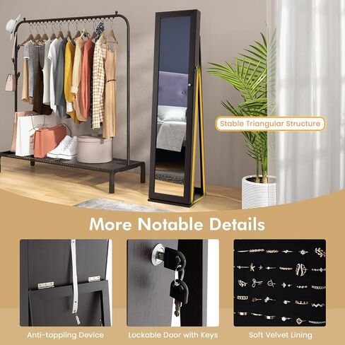 LOKO Lockable Jewelry Cabinet, Large Capacity Makeup Organizer with Full-Length Mirror, Built-in Makeup Mirror, 5 Storage Shelves, Floor Standing Jewelry Armoire for Living Room, Bedroom (Espresso) in Saudi Arabia