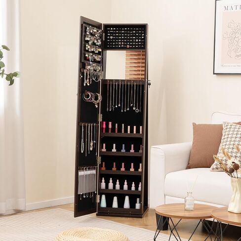 LOKO Lockable Jewelry Cabinet, Large Capacity Makeup Organizer with Full-Length Mirror, Built-in Makeup Mirror, 5 Storage Shelves, Floor Standing Jewelry Armoire for Living Room, Bedroom (Espresso) in Saudi Arabia