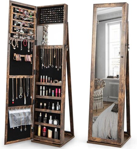 GOFLAME Jewelry Cabinet with Full-length Mirror, Jewelry Storage Organizer with Makeup Mirror, Back Storage Shelf, Lockable Jewelry Cabinet Armoire for Bedroom, Living Room (Brown) in Saudi Arabia