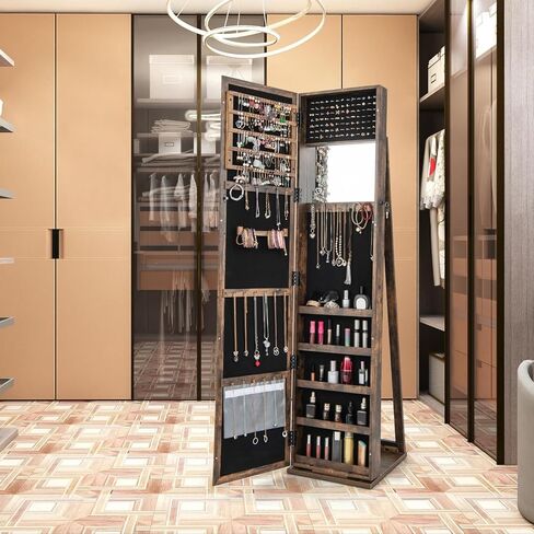 GOFLAME Jewelry Cabinet with Full-length Mirror, Jewelry Storage Organizer with Makeup Mirror, Back Storage Shelf, Lockable Jewelry Cabinet Armoire for Bedroom, Living Room (Brown) in Saudi Arabia