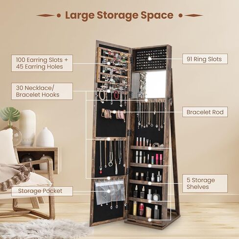 GOFLAME Jewelry Cabinet with Full-length Mirror, Jewelry Storage Organizer with Makeup Mirror, Back Storage Shelf, Lockable Jewelry Cabinet Armoire for Bedroom, Living Room (Brown) in Saudi Arabia