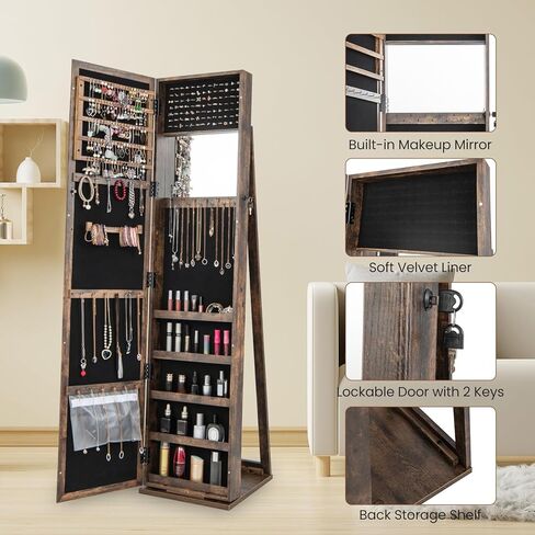 GOFLAME Jewelry Cabinet with Full-length Mirror, Jewelry Storage Organizer with Makeup Mirror, Back Storage Shelf, Lockable Jewelry Cabinet Armoire for Bedroom, Living Room (Brown) in Saudi Arabia