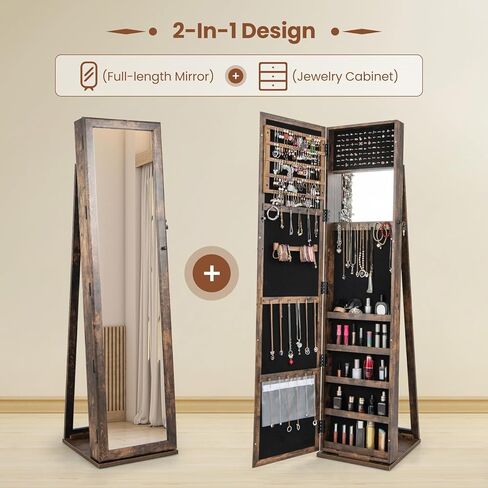 GOFLAME Jewelry Cabinet with Full-length Mirror, Jewelry Storage Organizer with Makeup Mirror, Back Storage Shelf, Lockable Jewelry Cabinet Armoire for Bedroom, Living Room (Brown) in Saudi Arabia
