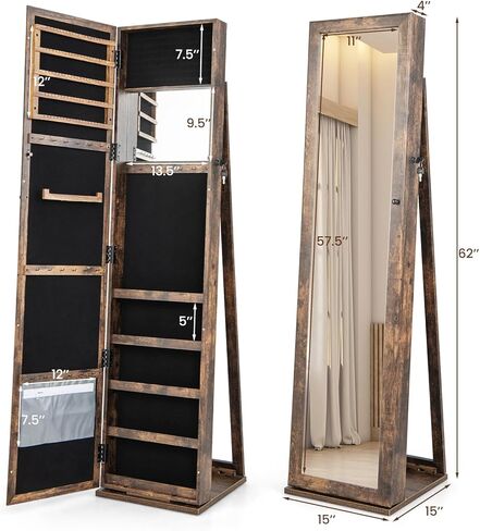 GOFLAME Jewelry Cabinet with Full-length Mirror, Jewelry Storage Organizer with Makeup Mirror, Back Storage Shelf, Lockable Jewelry Cabinet Armoire for Bedroom, Living Room (Brown) in Saudi Arabia