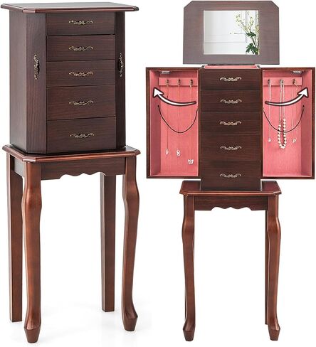 CHARMAID Standing Jewelry Armoire with Flip Top Mirror, Top Storage Tray, 4 Drawers, 2 Side Doors with Necklace Hooks, Vintage Jewelry Organizer Cabinet Chest for Rings, Earrings, Bracelets (Black) in Saudi Arabia