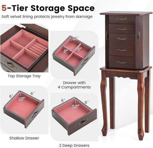 CHARMAID Standing Jewelry Armoire with Flip Top Mirror, Top Storage Tray, 4 Drawers, 2 Side Doors with Necklace Hooks, Vintage Jewelry Organizer Cabinet Chest for Rings, Earrings, Bracelets (Black) in Saudi Arabia