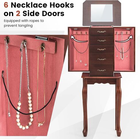 CHARMAID Standing Jewelry Armoire with Flip Top Mirror, Top Storage Tray, 4 Drawers, 2 Side Doors with Necklace Hooks, Vintage Jewelry Organizer Cabinet Chest for Rings, Earrings, Bracelets (Black) in Saudi Arabia