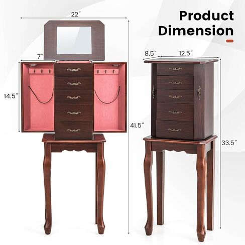 CHARMAID Standing Jewelry Armoire with Flip Top Mirror, Top Storage Tray, 4 Drawers, 2 Side Doors with Necklace Hooks, Vintage Jewelry Organizer Cabinet Chest for Rings, Earrings, Bracelets (Black) in Saudi Arabia