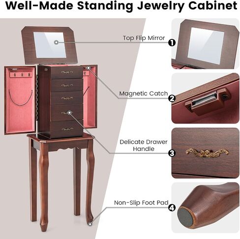 CHARMAID Standing Jewelry Armoire with Flip Top Mirror, Top Storage Tray, 4 Drawers, 2 Side Doors with Necklace Hooks, Vintage Jewelry Organizer Cabinet Chest for Rings, Earrings, Bracelets (Black) in Saudi Arabia