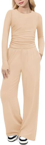 Arshiner Girls 2 Piece Set Fall Outfits Lounge Sets Ruched Long Sleeve Top Wide Leg Pants Sweatsuit Clothing Set in Saudi Arabia
