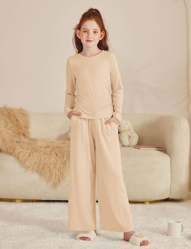 Arshiner Girls 2 Piece Set Fall Outfits Lounge Sets Ruched Long Sleeve Top Wide Leg Pants Sweatsuit Clothing Set in Saudi Arabia