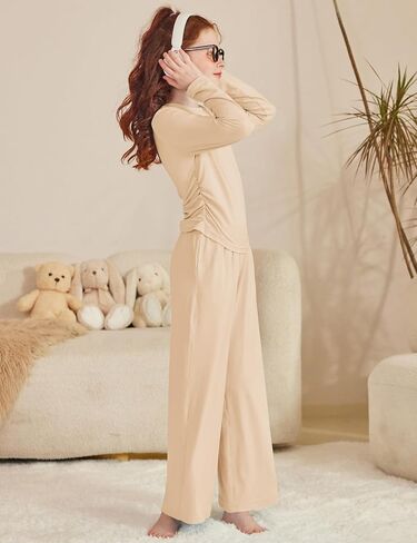 Arshiner Girls 2 Piece Set Fall Outfits Lounge Sets Ruched Long Sleeve Top Wide Leg Pants Sweatsuit Clothing Set in Saudi Arabia