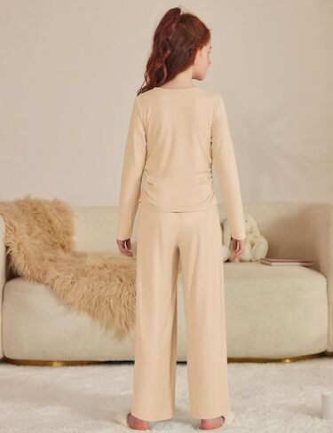 Arshiner Girls 2 Piece Set Fall Outfits Lounge Sets Ruched Long Sleeve Top Wide Leg Pants Sweatsuit Clothing Set in Saudi Arabia
