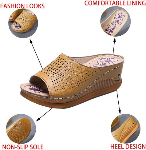 Women's Vintage Stitching Open Toe Fish Mouth Orthopedic Sandals Slope Heel Thick Bottom Slip On Wedge Slippers Arch Support Casual Comfortable Dress Sandals in Saudi Arabia