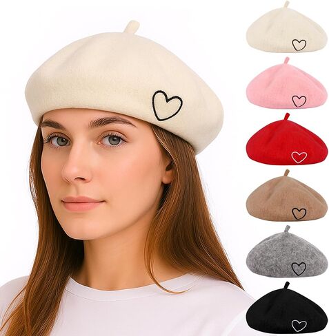 Kunyeah Wool Beret Hat للنساء الطفل الفرنسي على الطراز الفطري قبعة ناعمة مطرزة القلب دافئ غطاء أمي ابنة مطابقة القبعات in Kuwait