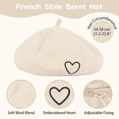 Kunyeah Wool Beret Hat للنساء الطفل الفرنسي على الطراز الفطري قبعة ناعمة مطرزة القلب دافئ غطاء أمي ابنة مطابقة القبعات in Kuwait