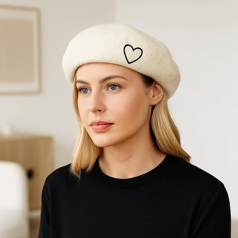Kunyeah Wool Beret Hat للنساء الطفل الفرنسي على الطراز الفطري قبعة ناعمة مطرزة القلب دافئ غطاء أمي ابنة مطابقة القبعات in Kuwait