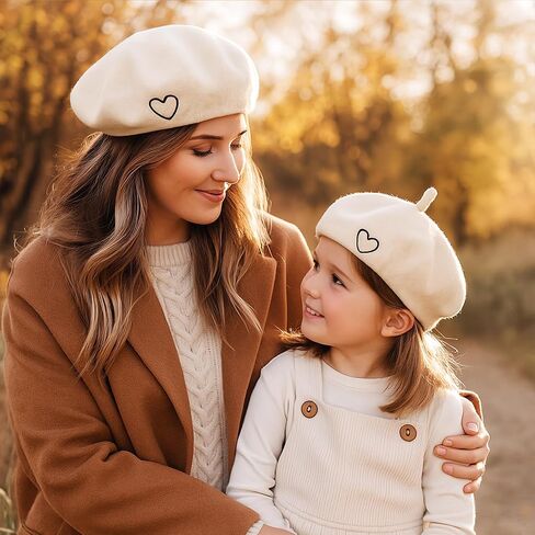 Kunyeah Wool Beret Hat للنساء الطفل الفرنسي على الطراز الفطري قبعة ناعمة مطرزة القلب دافئ غطاء أمي ابنة مطابقة القبعات in Kuwait