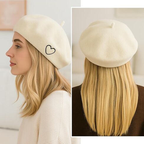 Kunyeah Wool Beret Hat للنساء الطفل الفرنسي على الطراز الفطري قبعة ناعمة مطرزة القلب دافئ غطاء أمي ابنة مطابقة القبعات in Kuwait