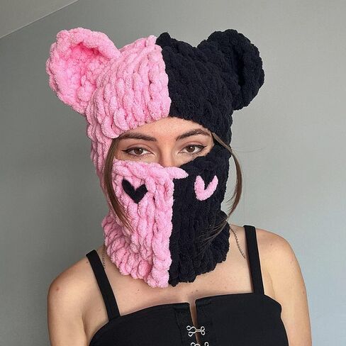 Womens Knit Full Face Ski Mask Crochet Balaclava Winter Warm Kawaii Cute Bunny Ears Knitted Balaclava Face Cover Mask in Kuwait