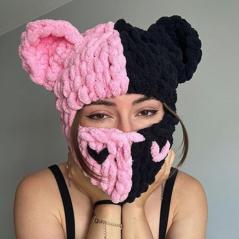 Womens Knit Full Face Ski Mask Crochet Balaclava Winter Warm Kawaii Cute Bunny Ears Knitted Balaclava Face Cover Mask in Kuwait