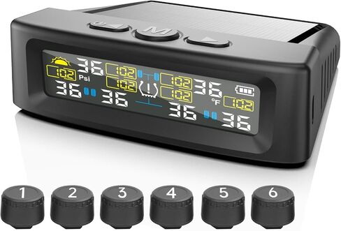 RV Tire Pressure Monitoring System, 4-Wheel Real Time Wireless TPMS for Cars, SUVs & Light Trucks (0-6 BAR, 0-87 PSI, Solar/USB Charging) with 10 Tire Repair Rubber Nails ±0.1 BAR in Kuwait