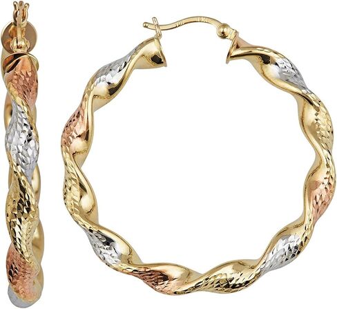 14k Tri Color OR Two Tone Gold Solid Twisted Diamond Cut Hoop Earrings for Women | 5mm Thick | Italian Gold Hoops | Twisted Hoop Earrings | Secure Click-Top | Shiny Polished Earrings, 30mm-70mm in Saudi Arabia