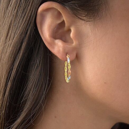 14k Tri Color OR Two Tone Gold Solid Twisted Diamond Cut Hoop Earrings for Women | 5mm Thick | Italian Gold Hoops | Twisted Hoop Earrings | Secure Click-Top | Shiny Polished Earrings, 30mm-70mm in Saudi Arabia