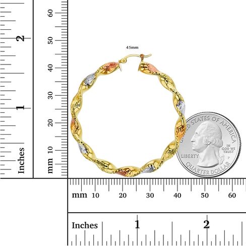 14k Tri Color OR Two Tone Gold Solid Twisted Diamond Cut Hoop Earrings for Women | 5mm Thick | Italian Gold Hoops | Twisted Hoop Earrings | Secure Click-Top | Shiny Polished Earrings, 30mm-70mm in Saudi Arabia