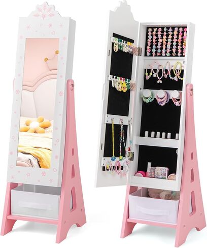 Costzon Kids Jewelry Armoire Cabinet, 43.5" Standing Jewelry Organizer with Full-Length Mirror, Storage Drawers, Kids Vanity Dress Up Mirror Jewelry Cabinet for Girls (Pink) in Saudi Arabia
