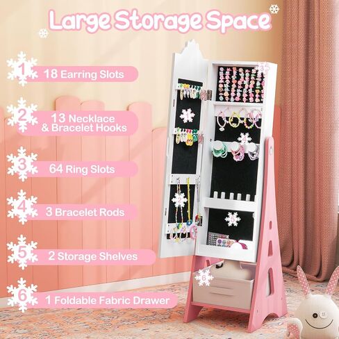 Costzon Kids Jewelry Armoire Cabinet, 43.5" Standing Jewelry Organizer with Full-Length Mirror, Storage Drawers, Kids Vanity Dress Up Mirror Jewelry Cabinet for Girls (Pink) in Saudi Arabia