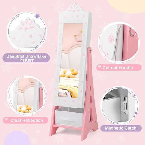 Costzon Kids Jewelry Armoire Cabinet, 43.5" Standing Jewelry Organizer with Full-Length Mirror, Storage Drawers, Kids Vanity Dress Up Mirror Jewelry Cabinet for Girls (Pink) in Saudi Arabia