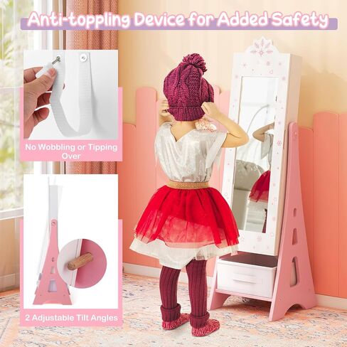Costzon Kids Jewelry Armoire Cabinet, 43.5" Standing Jewelry Organizer with Full-Length Mirror, Storage Drawers, Kids Vanity Dress Up Mirror Jewelry Cabinet for Girls (Pink) in Saudi Arabia