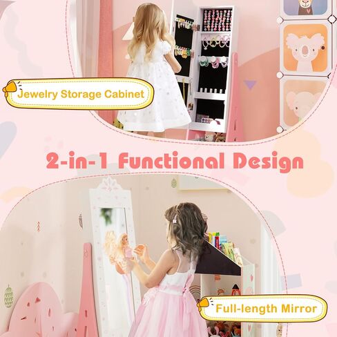Costzon Kids Jewelry Armoire Cabinet, 43.5" Standing Jewelry Organizer with Full-Length Mirror, Storage Drawers, Kids Vanity Dress Up Mirror Jewelry Cabinet for Girls (Pink) in Saudi Arabia