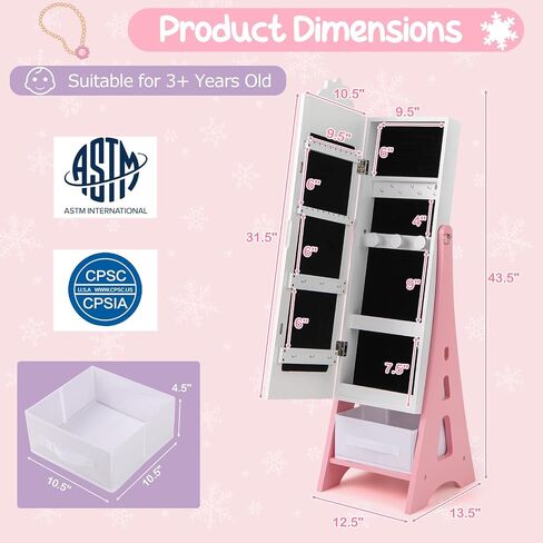 Costzon Kids Jewelry Armoire Cabinet, 43.5" Standing Jewelry Organizer with Full-Length Mirror, Storage Drawers, Kids Vanity Dress Up Mirror Jewelry Cabinet for Girls (Pink) in Saudi Arabia