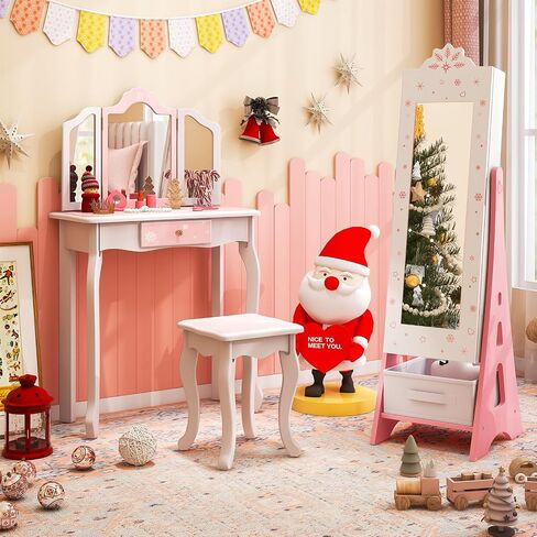 Costzon Kids Jewelry Armoire Cabinet, 43.5" Standing Jewelry Organizer with Full-Length Mirror, Storage Drawers, Kids Vanity Dress Up Mirror Jewelry Cabinet for Girls (Pink) in Saudi Arabia