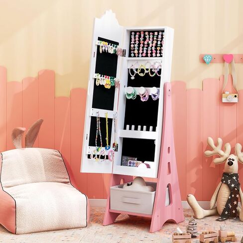 Costzon Kids Jewelry Armoire Cabinet, 43.5" Standing Jewelry Organizer with Full-Length Mirror, Storage Drawers, Kids Vanity Dress Up Mirror Jewelry Cabinet for Girls (Pink) in Saudi Arabia
