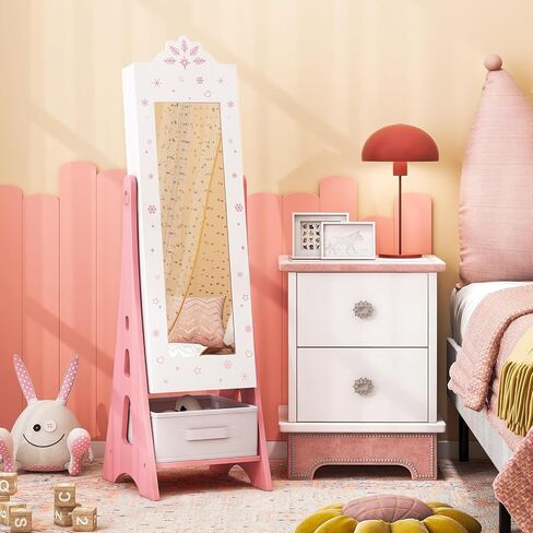 Costzon Kids Jewelry Armoire Cabinet, 43.5" Standing Jewelry Organizer with Full-Length Mirror, Storage Drawers, Kids Vanity Dress Up Mirror Jewelry Cabinet for Girls (Pink) in Saudi Arabia
