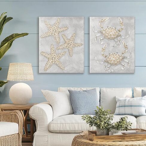Stupell Industries Gray Starffish & Crab Drawing 2 قطعة من القماش الجدار تصميم مجموعة تصميم من قبل Patti Bishop ، 30 × 24 in Saudi Arabia