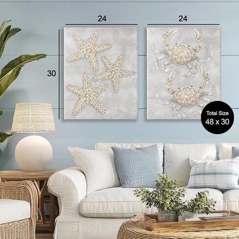 Stupell Industries Gray Starffish & Crab Drawing 2 قطعة من القماش الجدار تصميم مجموعة تصميم من قبل Patti Bishop ، 30 × 24 in Saudi Arabia
