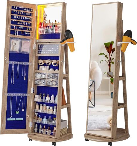 360° Rotating Jewelry Armoire with Mirror, Full Length Mirror with Storage, Mirror Jewelry Cabinet Standing with LED Lights, Lockable Jewelry Organizer Stand/Foldable Makeup Shelf, White in Saudi Arabia