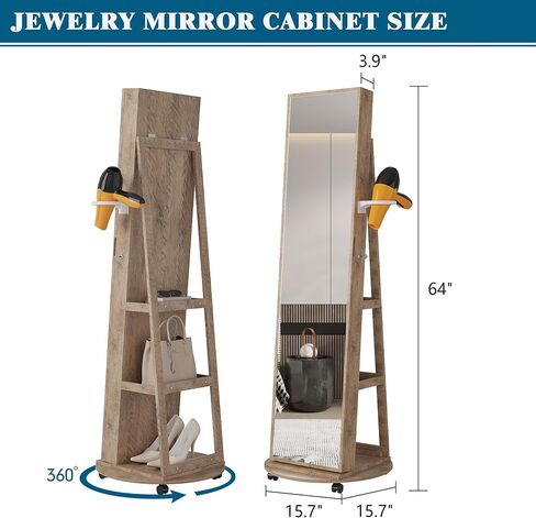 360° Rotating Jewelry Armoire with Mirror, Full Length Mirror with Storage, Mirror Jewelry Cabinet Standing with LED Lights, Lockable Jewelry Organizer Stand/Foldable Makeup Shelf, White in Saudi Arabia